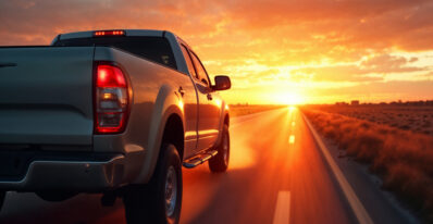 Picape na estrada durante o por do sol